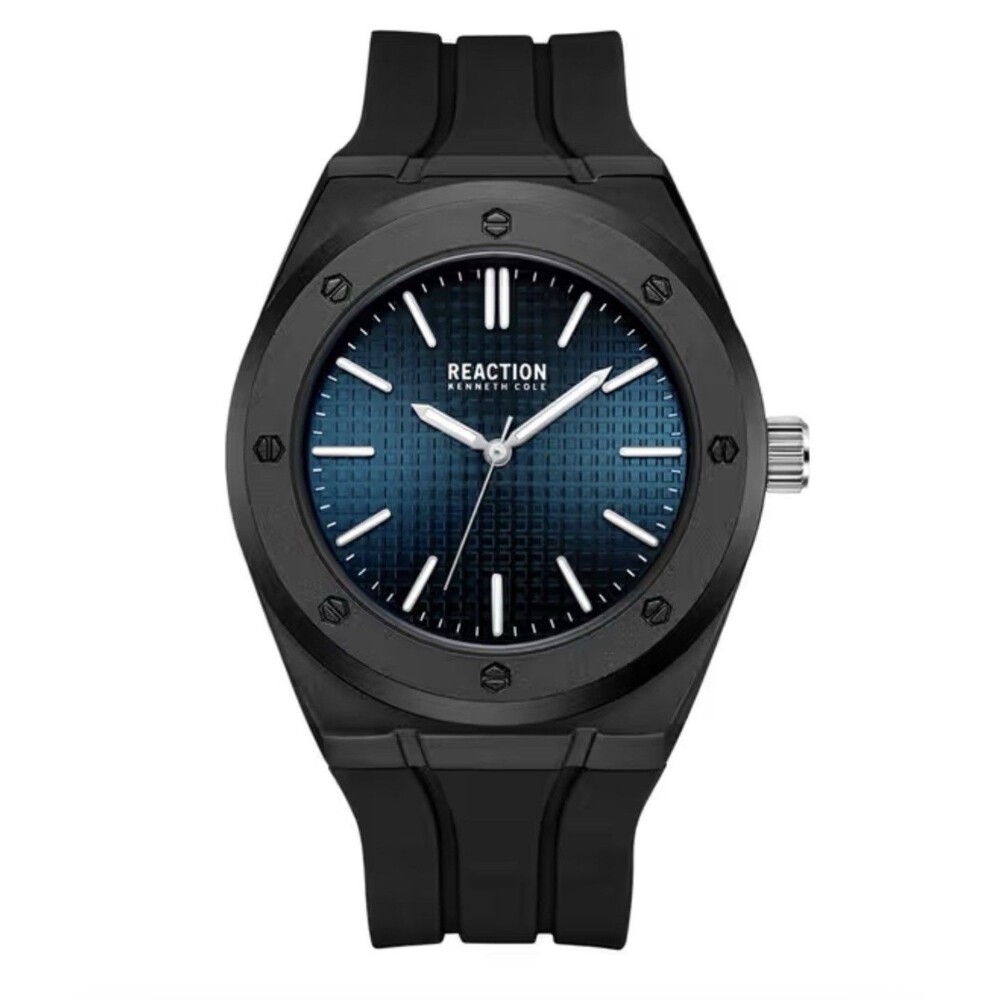 Reaction Kenneth Cole 3 Hands Black Silicon Strap Watch New